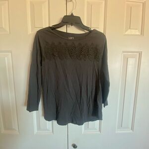 LOFT Charcoal Lace Accent Long Sleeve Top